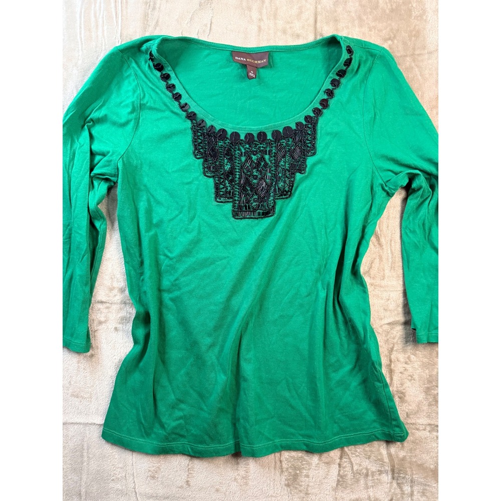 Y2k Dana Buchman Green Beaded Bib Neckline 3/4 Sleeve Top Womens M Fairycore